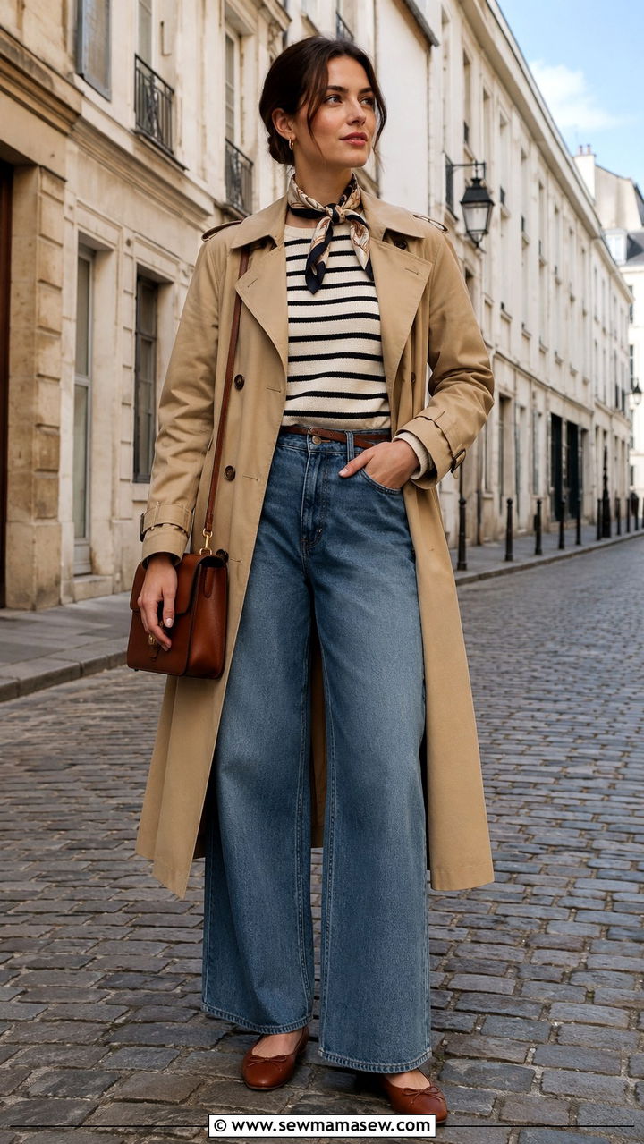 Wide leg jeans and trench coat outfit - 30 chic wide leg jeans outfit ideas