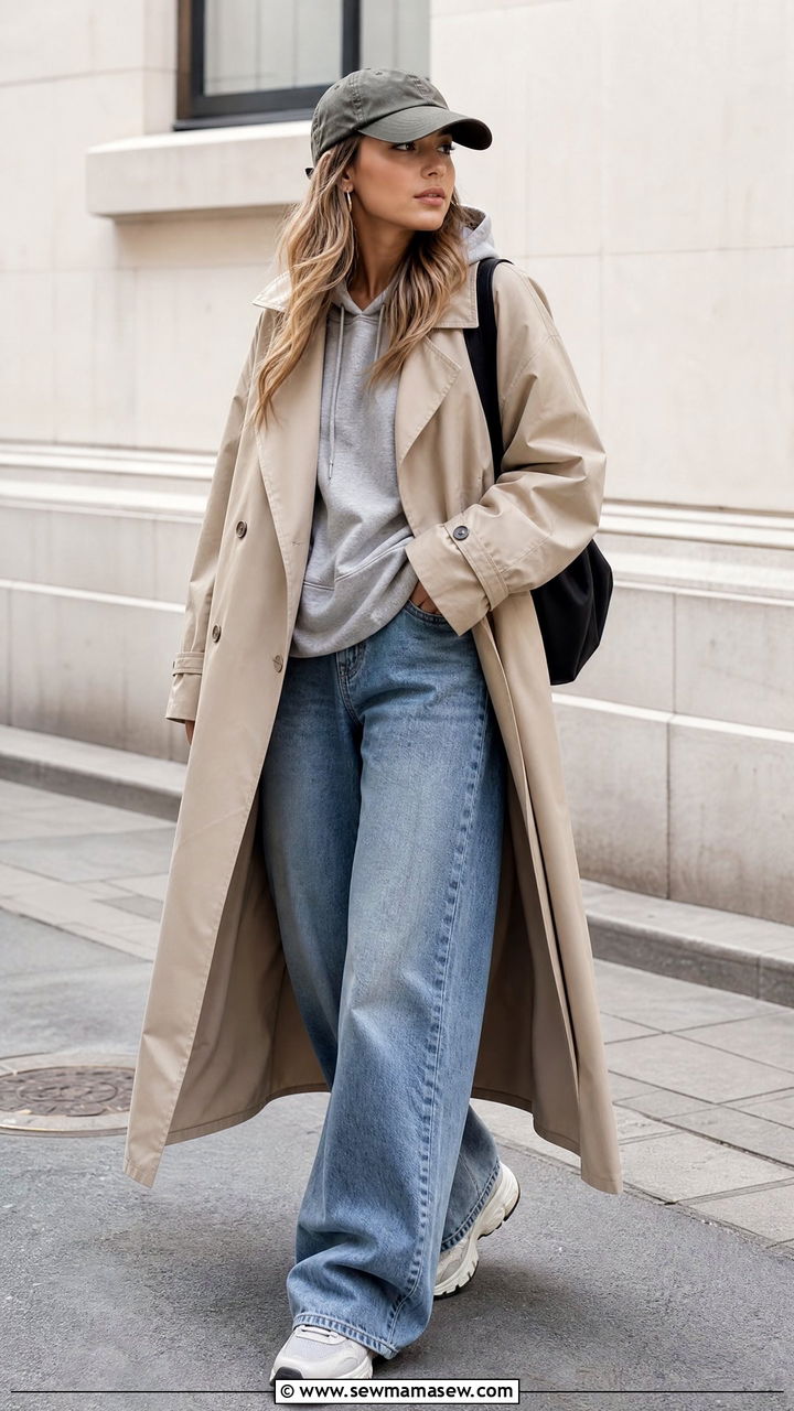 Wide leg jeans and trench coat street style - 20 Wide leg jeans outfit ideas with a trench coat