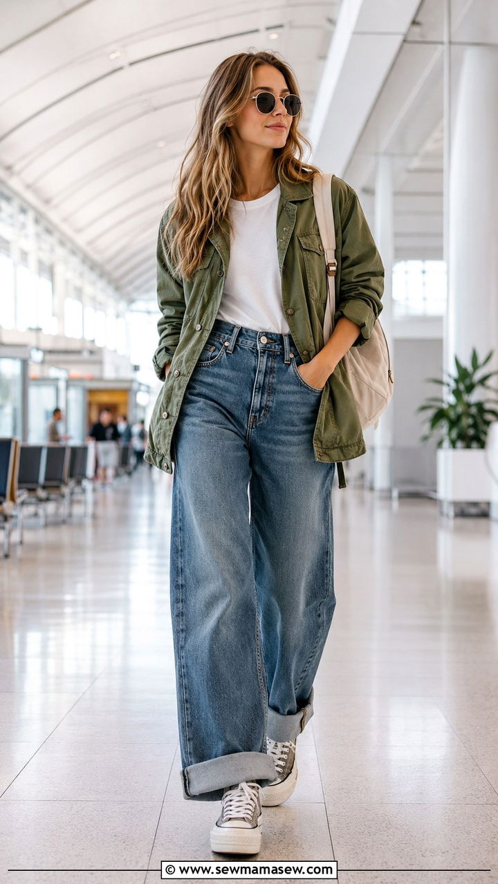 Wide leg jeans and utility jacket with sneakers - 30 chic wide leg jeans outfit ideas