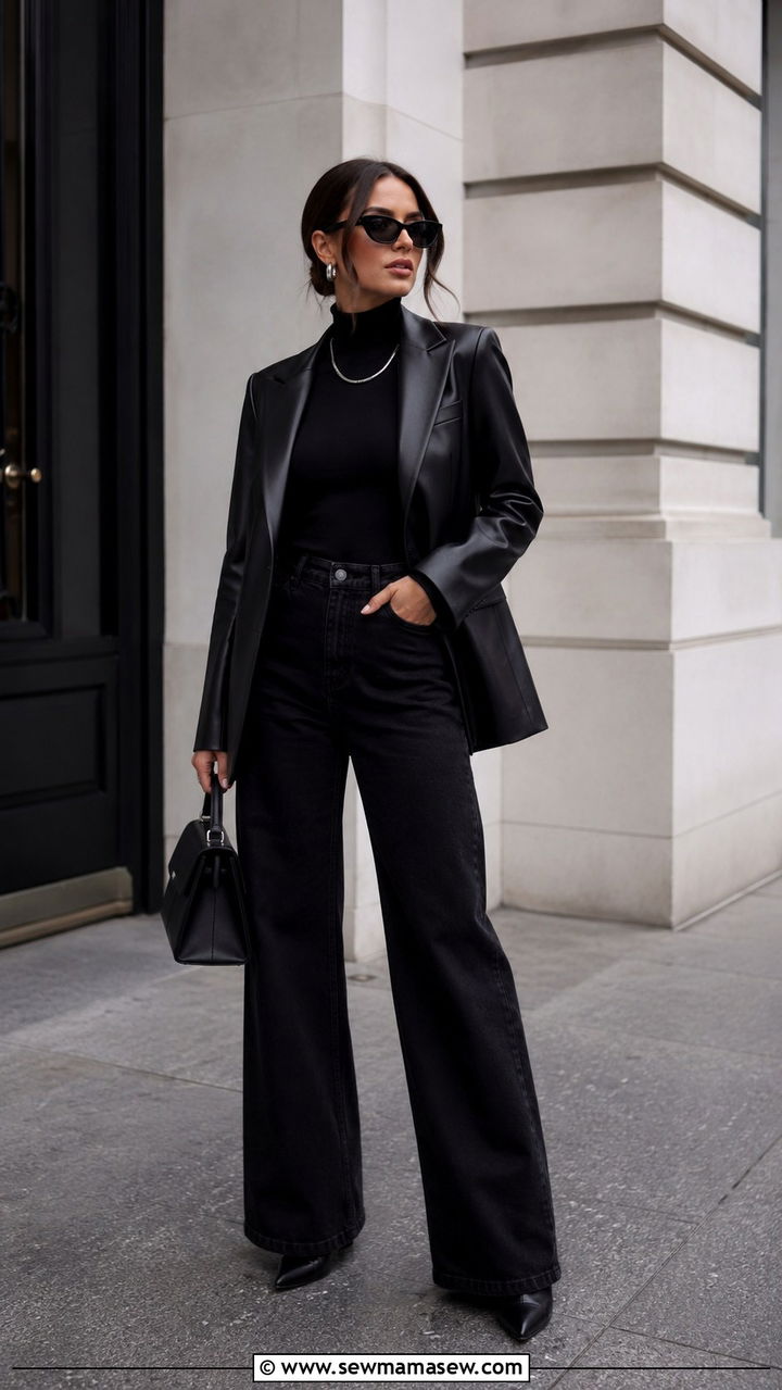 Wide leg jeans monochrome all black outfit - 30 chic wide leg jeans outfit ideas