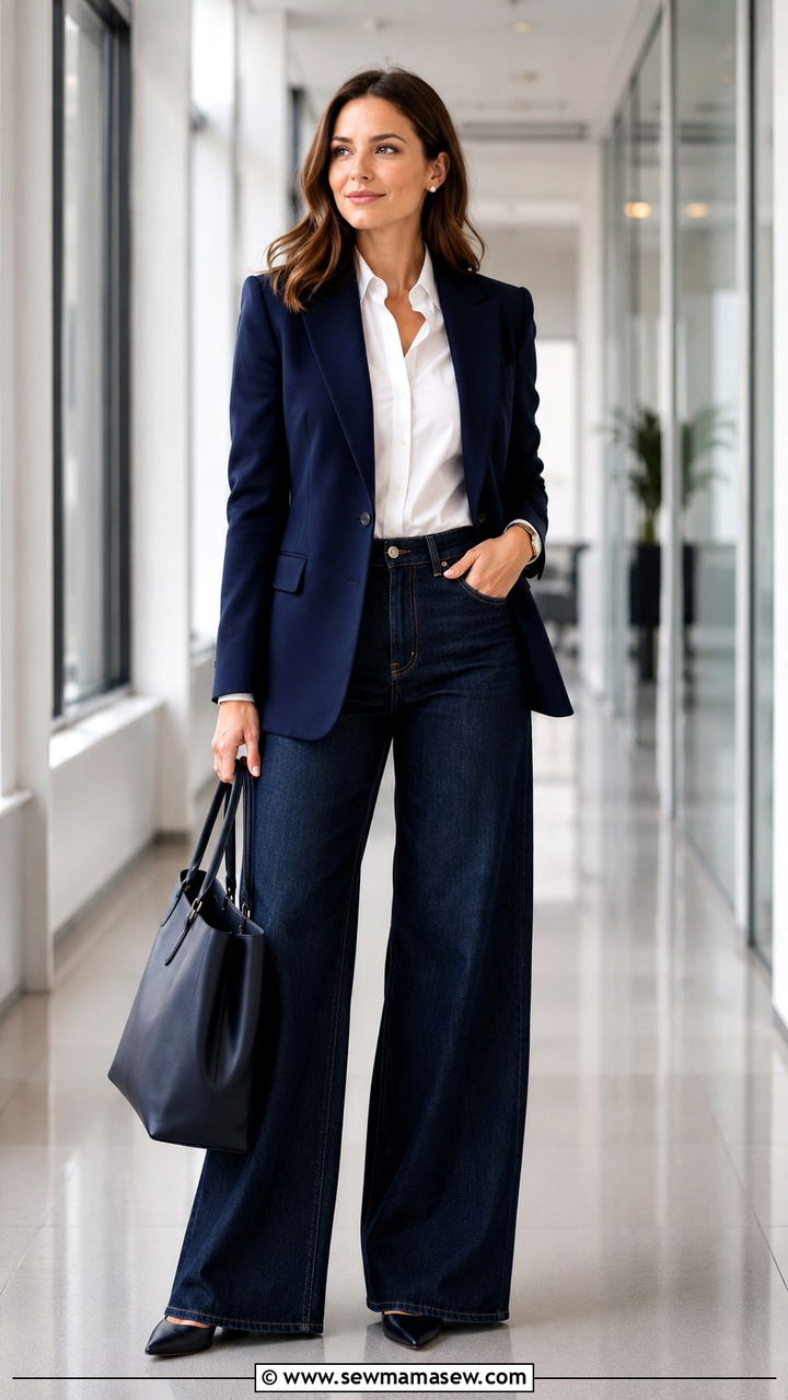 Wide leg jeans office outfit with blazer - 30 chic wide leg jeans outfit ideas