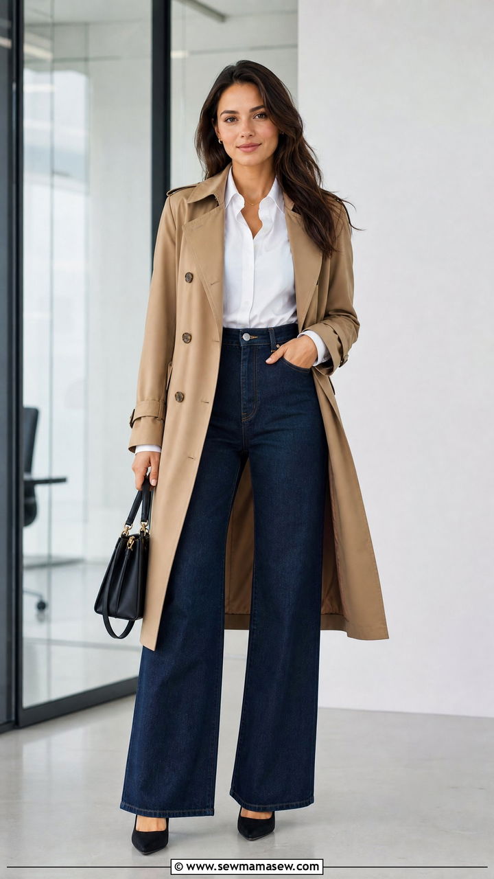 Wide leg jeans trench coat button down - 20 Wide leg jeans outfit ideas with a trench coat