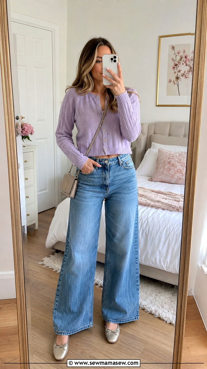 Wide leg jeans with a cropped cardigan and ballet flats - 30 spring wide leg jeans outfit ideas