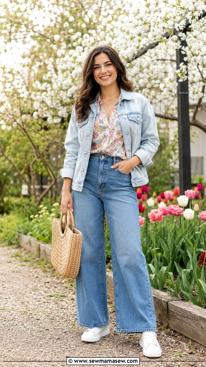 Wide leg jeans with a denim jacket and floral blouse - 30 spring wide leg jeans outfit ideas