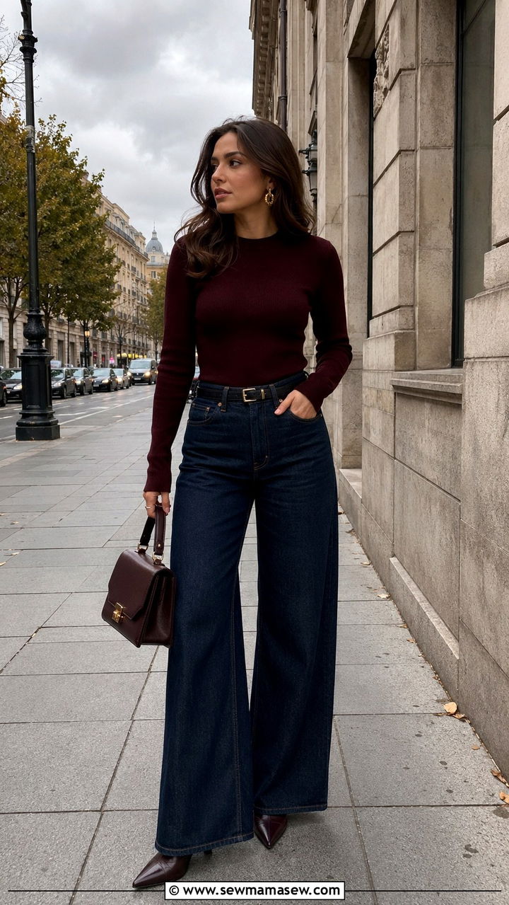 Wide leg jeans with a fitted sweater and pointed toe boots - 30 Overcast day outfit ideas