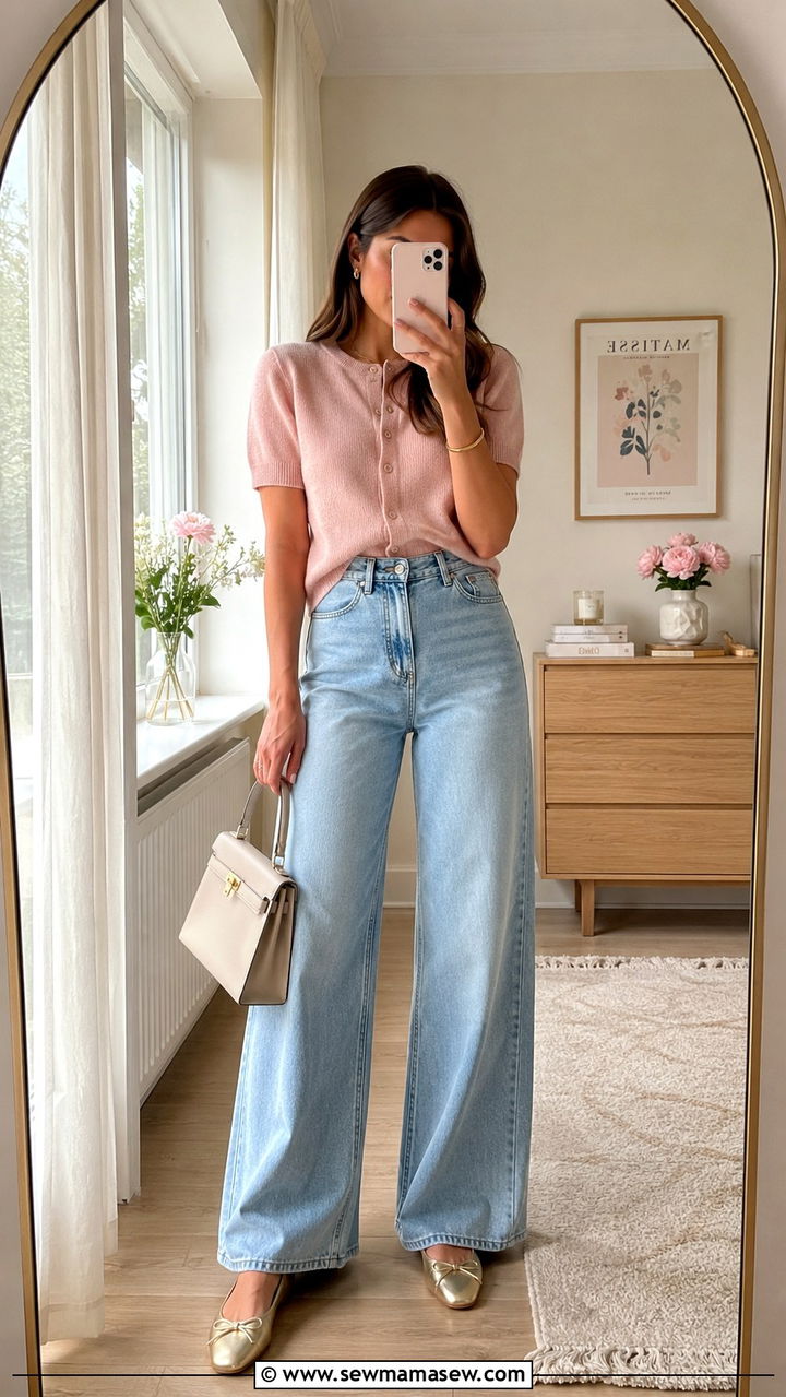 Wide leg jeans with a short sleeve cardigan and metallic ballet flats - 30 spring wide leg jeans outfit ideas