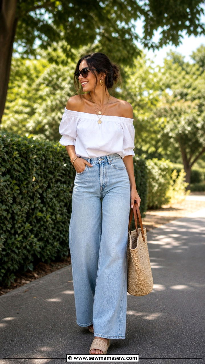 Wide leg jeans with a structured top brunch outfit - 40 Chic brunch outfit ideas