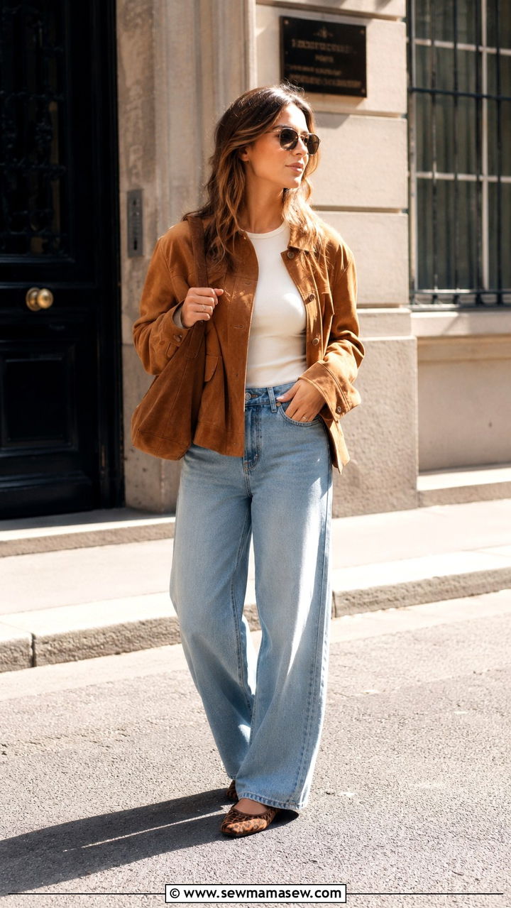 Wide leg jeans with a suede jacket and animal print flats - 30 spring wide leg jeans outfit ideas