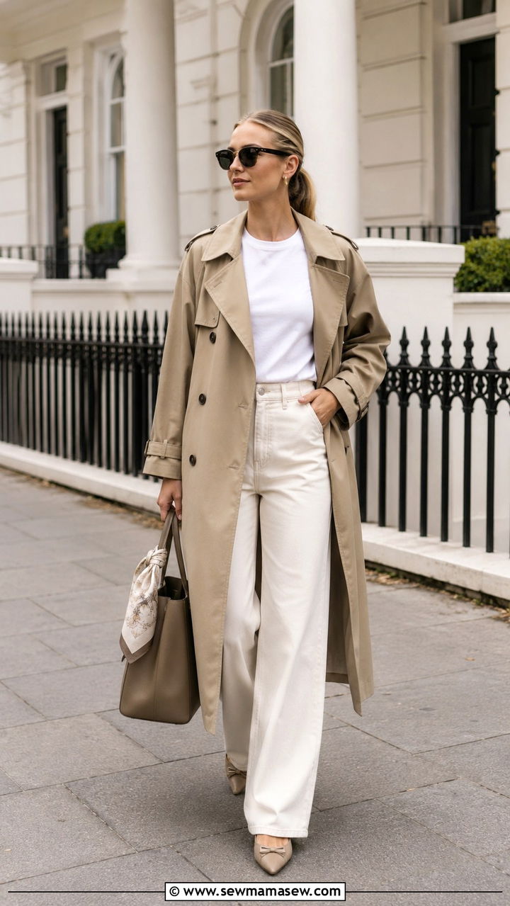 Wide leg jeans with a trench coat and white tee - 30 spring wide leg jeans outfit ideas