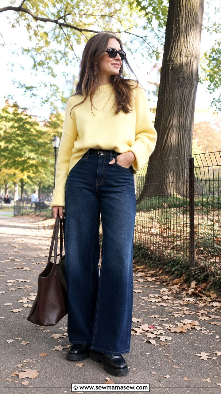 Wide leg jeans with an oversized sweater and chunky loafers - 30 spring wide leg jeans outfit ideas