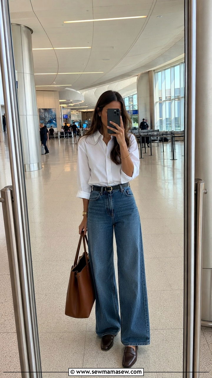 Wide leg jeans with button down shirt travel outfit - 30 chic travel outfits for women