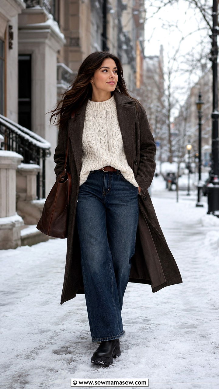 Wide leg jeans with cable knit sweater and lug boots - 30 chic wide leg jeans outfit ideas