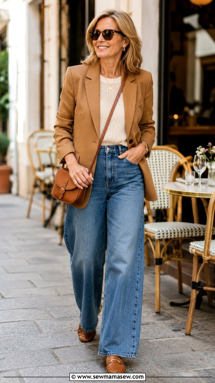 Wide leg jeans with camel blazer - 20 Jeans and blazer outfit ideas over 50