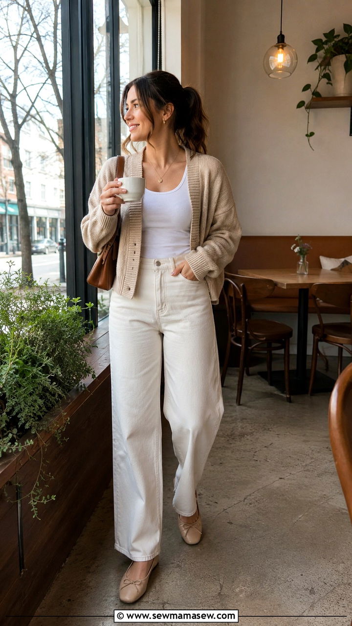 Wide leg jeans with cardigan and flats - 30 chic wide leg jeans outfit ideas
