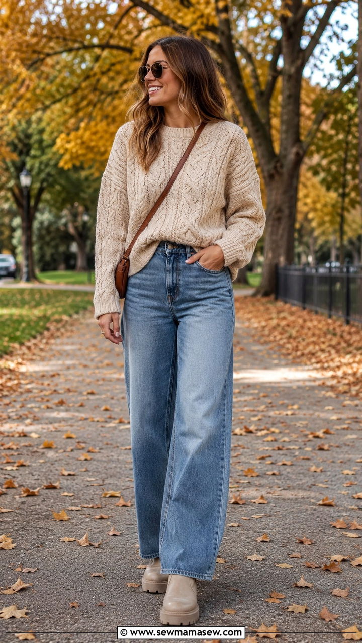 Wide leg jeans with chunky knit sweater and boots - 30 chic wide leg jeans outfit ideas