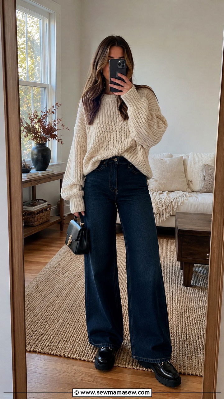 Wide leg jeans with chunky knit sweater and lug sole loafers - 35 How to style wide leg jeans