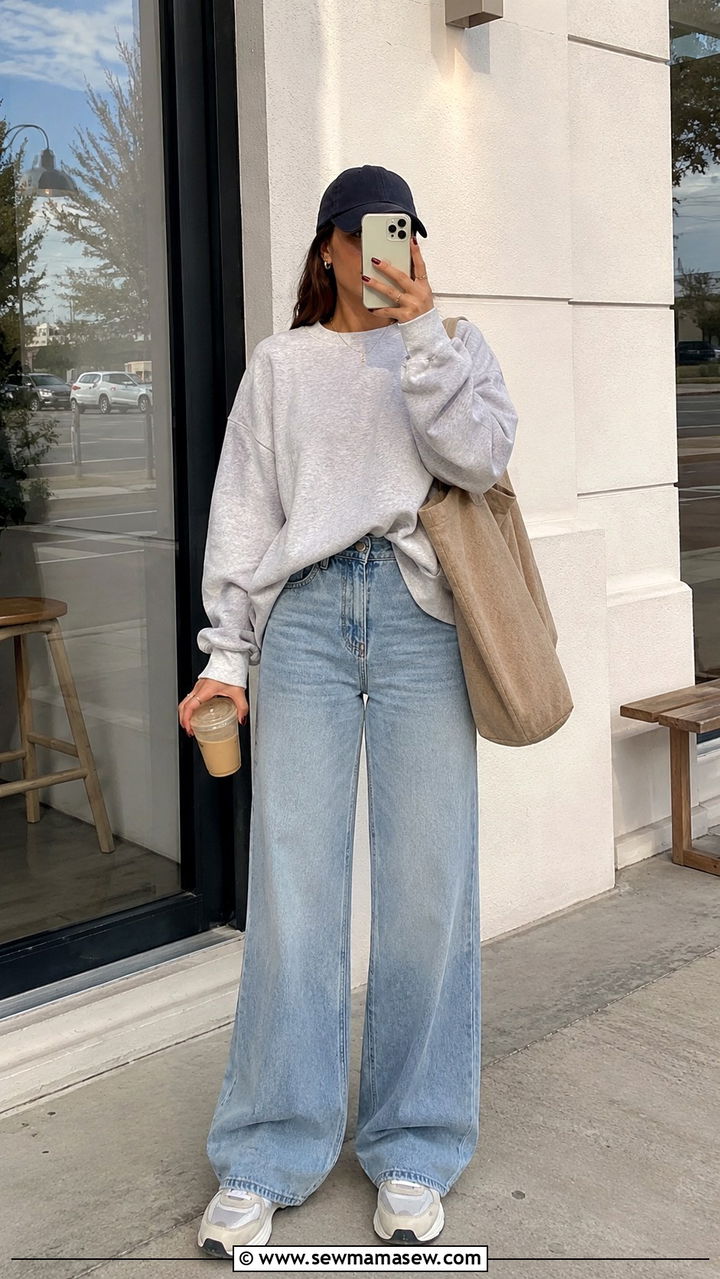 Wide leg jeans with crewneck sweatshirt and dad sneakers - 30 chic wide leg jeans outfit ideas