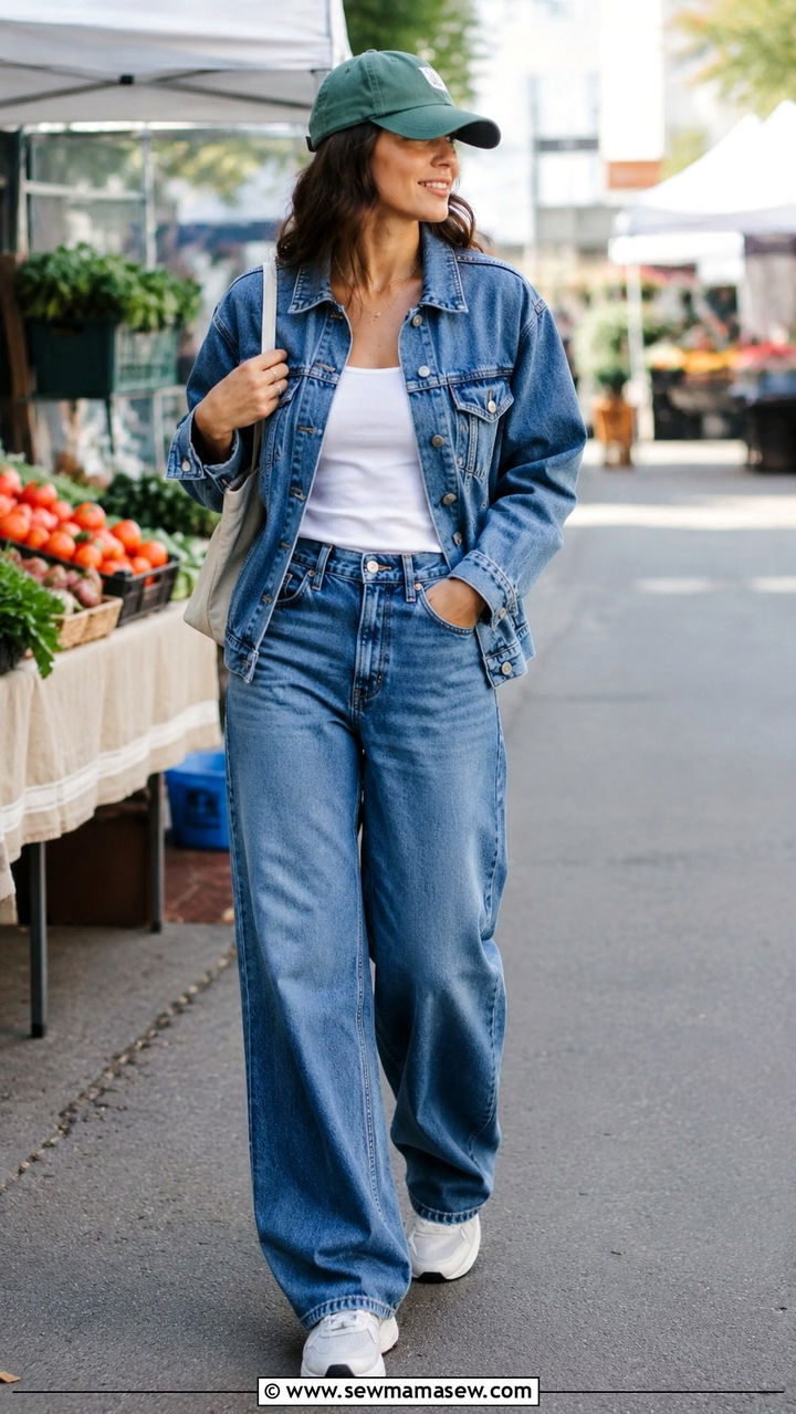 Wide leg jeans with denim jacket and sneakers - 35 How to style wide leg jeans