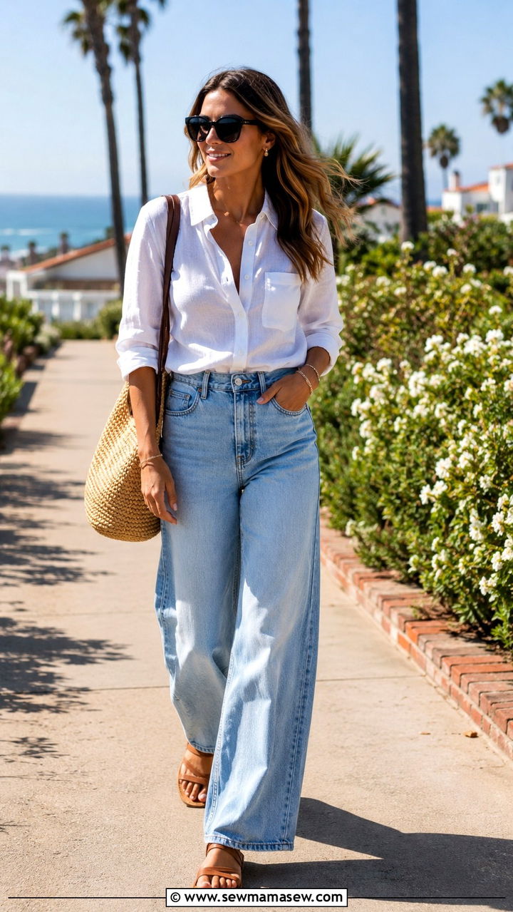 Wide leg jeans with flat sandals and linen top - 25 Wide leg jeans outfit ideas with flats
