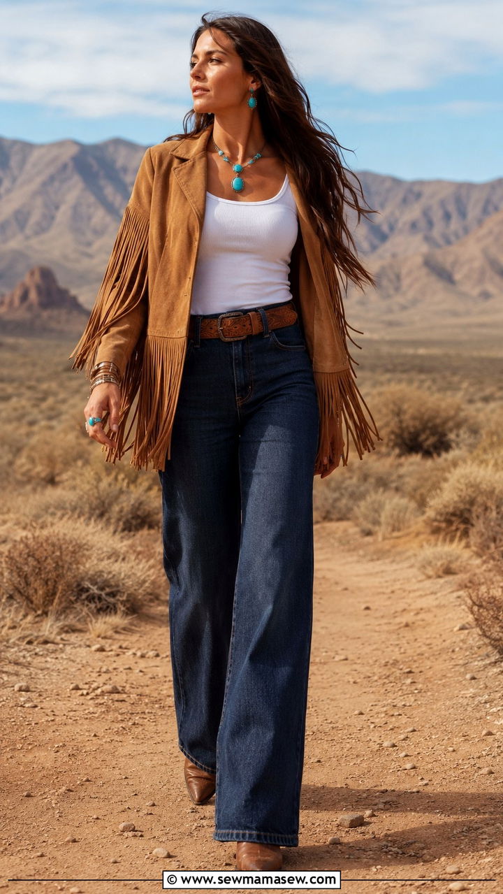 Wide leg jeans with fringe jacket and western boots - 35 How to style wide leg jeans