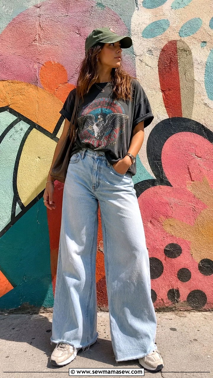 Wide leg jeans with graphic tee and sneakers - 30 chic wide leg jeans outfit ideas