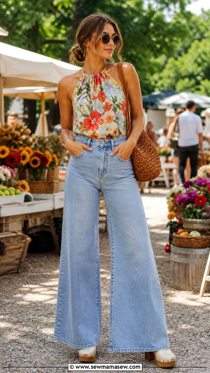 Wide leg jeans with halter top and wooden heel clogs - 40 jeans outfits
