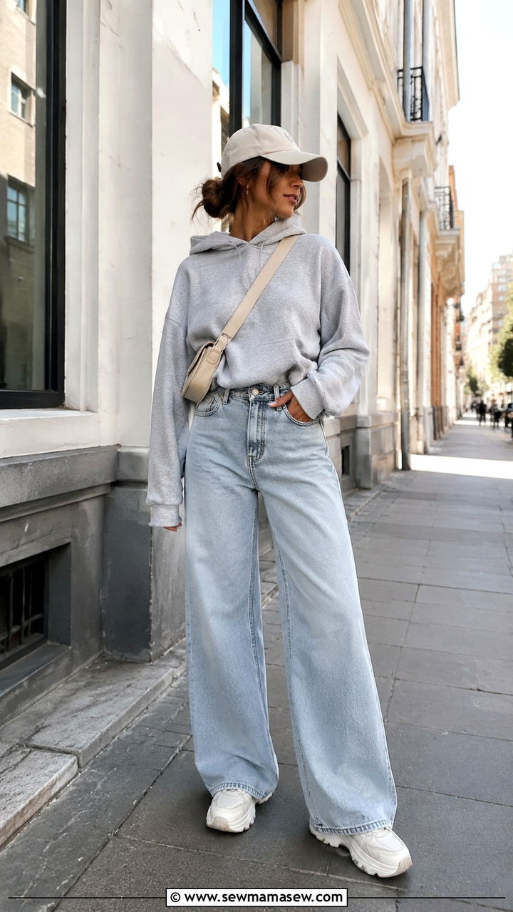 Wide leg jeans with hoodie and chunky sneakers - 35 How to style wide leg jeans
