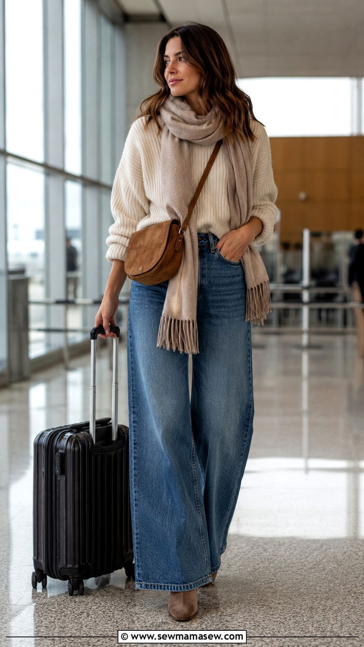 Wide leg jeans with knit sweater for fall airport - 25 seasonal airport outfit ideas