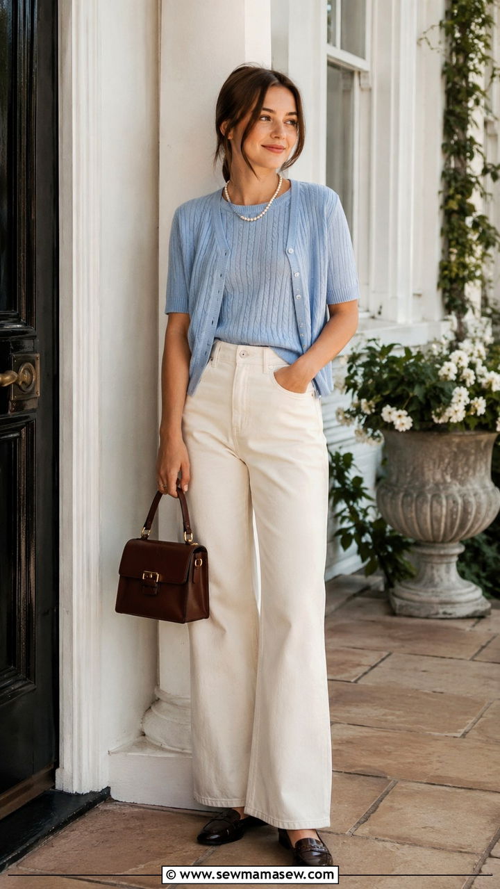 Wide leg jeans with knit twinset and loafers - 35 How to style wide leg jeans