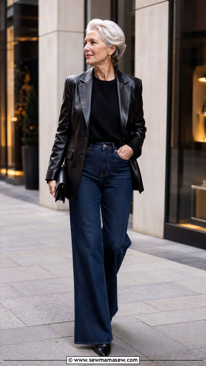 Wide leg jeans with leather blazer - 20 Jeans and blazer outfit ideas over 50