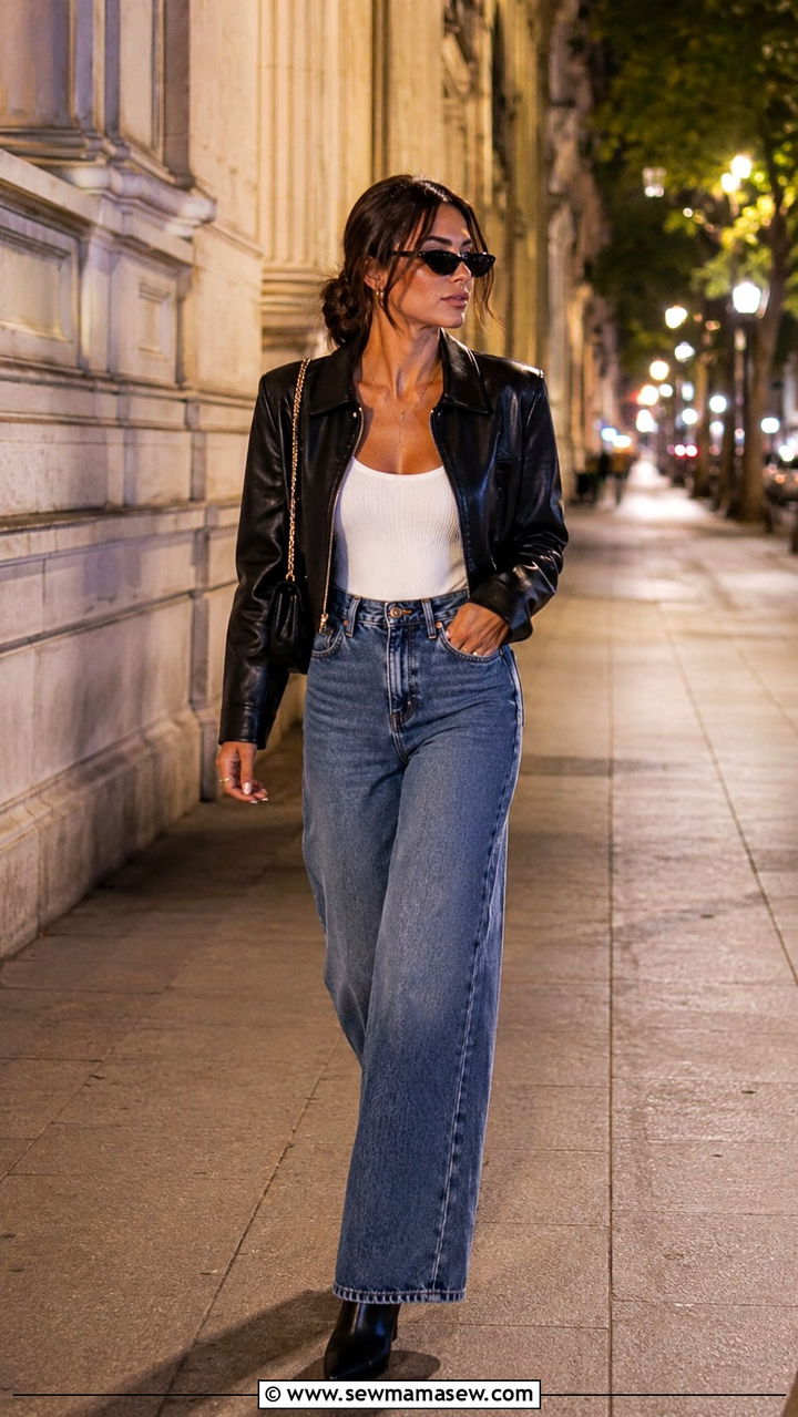 Wide leg jeans with leather jacket and ankle boots - 30 chic wide leg jeans outfit ideas