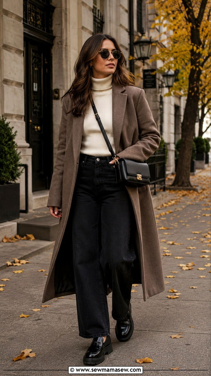 Wide leg jeans with lug sole loafers and turtleneck - 25 Wide leg jeans outfit ideas with flats
