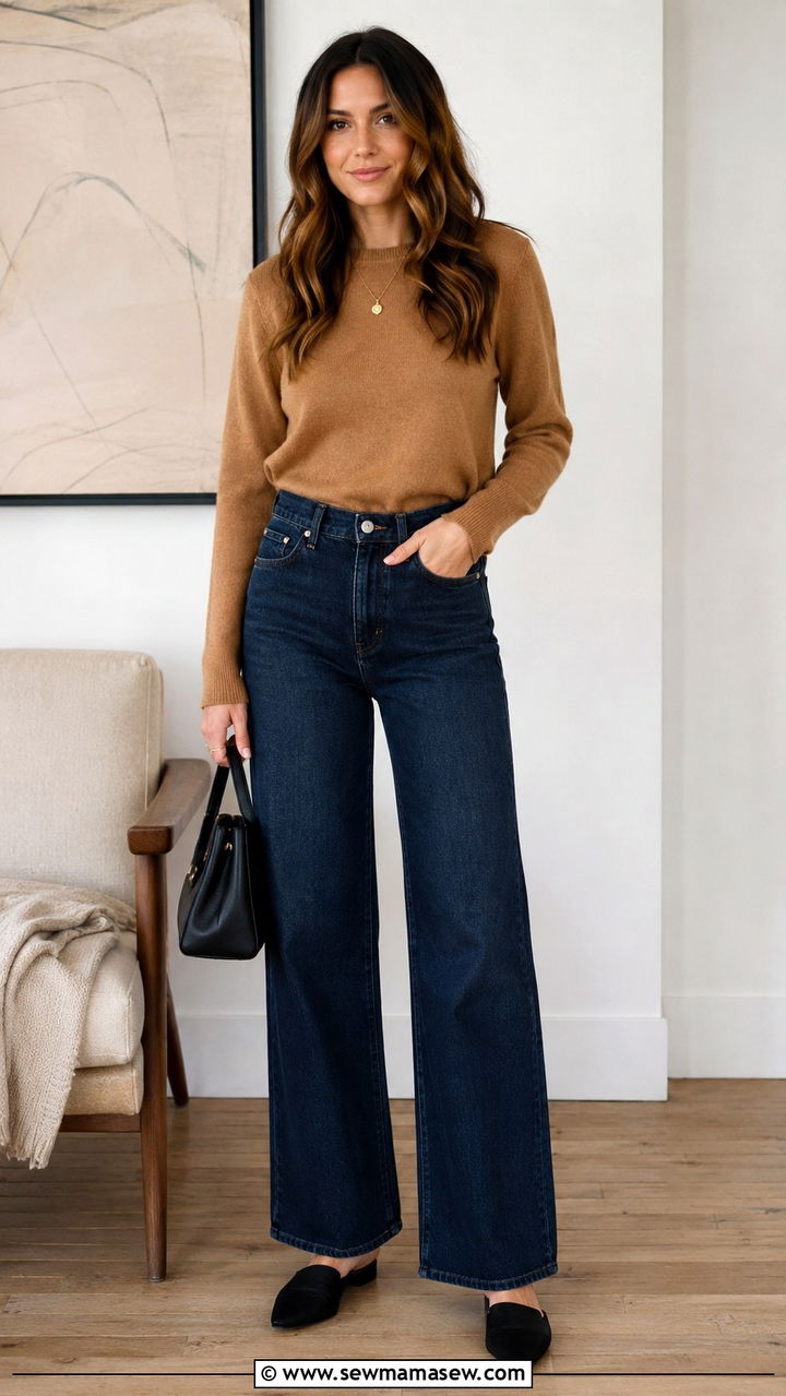 Wide leg jeans with mules and fitted sweater - 25 Wide leg jeans outfit ideas with flats