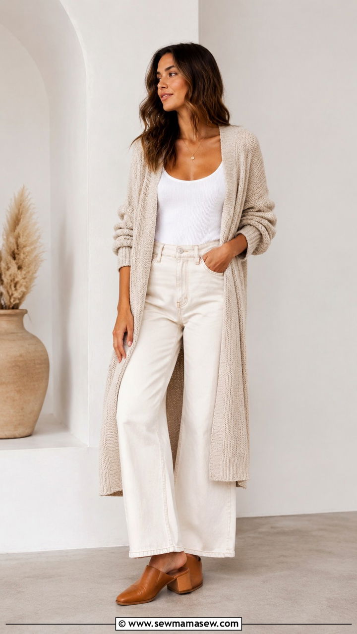 Wide leg jeans with oversized cardigan and mules - 35 How to style wide leg jeans