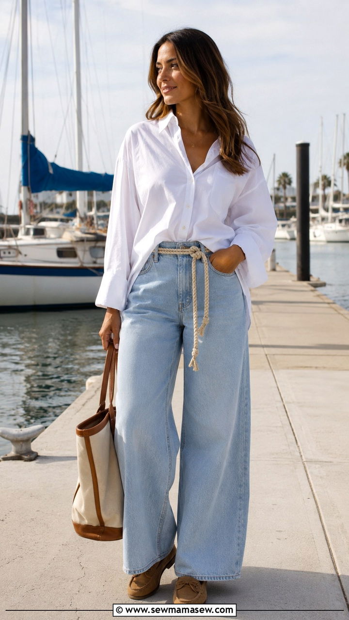 Wide leg jeans with oversized shirt and boat shoes - 35 How to style wide leg jeans