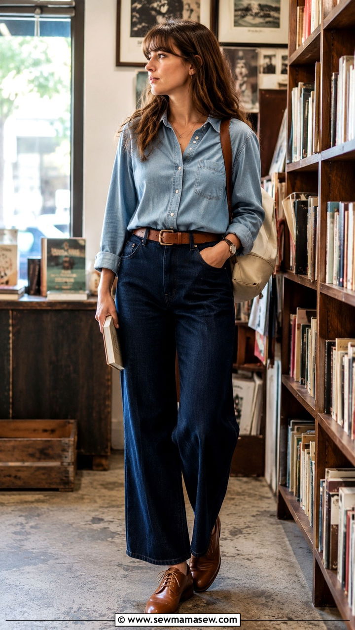 Wide leg jeans with oxford flats and chambray shirt - 25 Wide leg jeans outfit ideas with flats