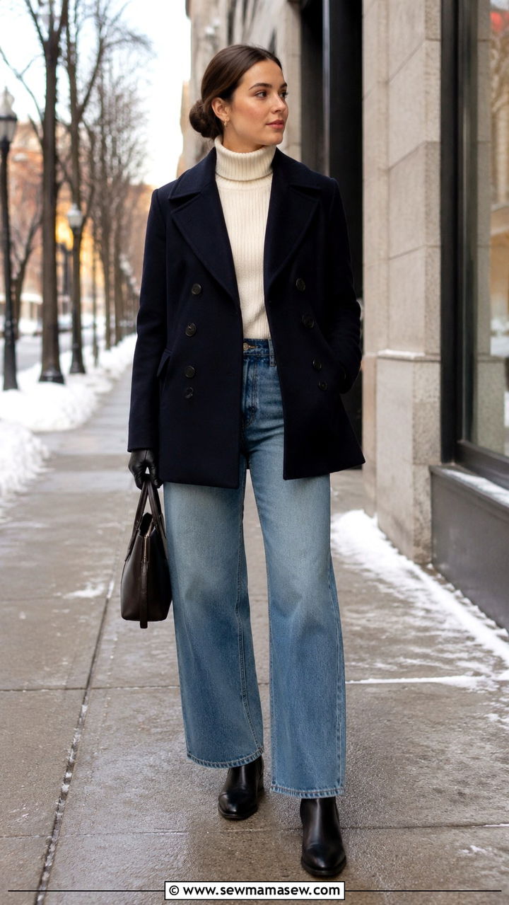 Wide leg jeans with peacoat and Chelsea boots - 35 How to style wide leg jeans