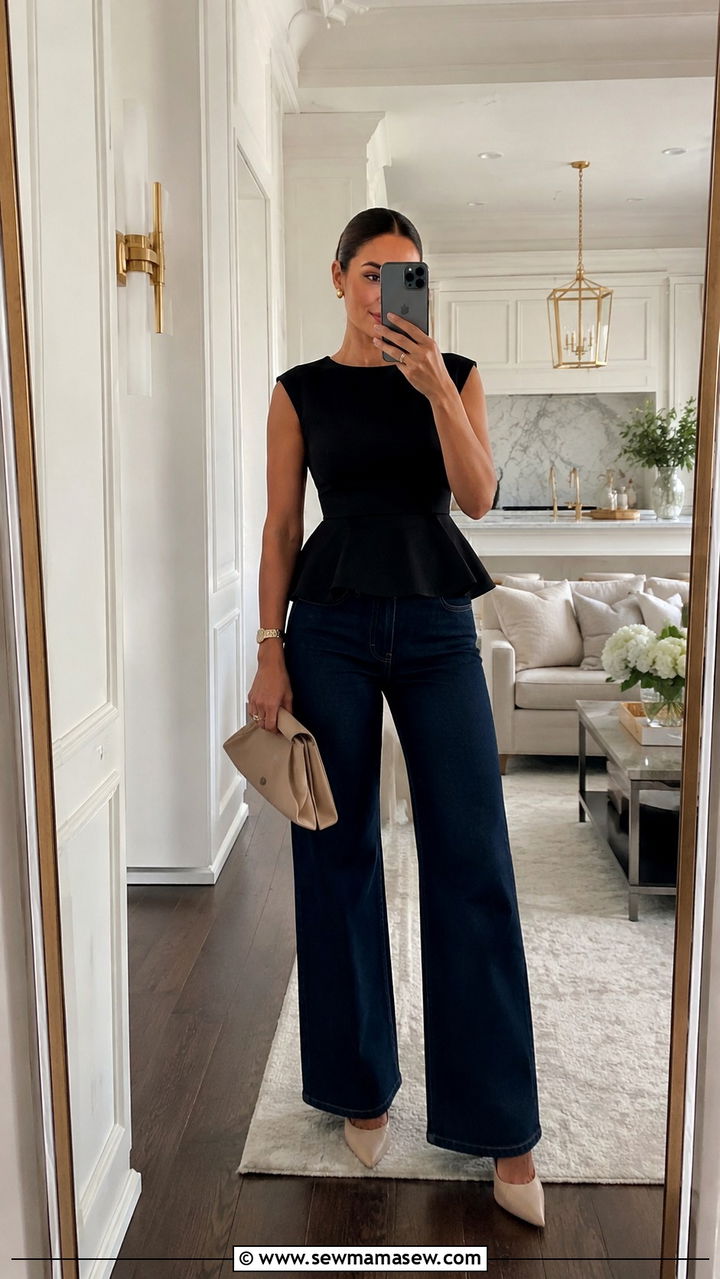 Wide leg jeans with peplum top and pointed heels - 35 How to style wide leg jeans