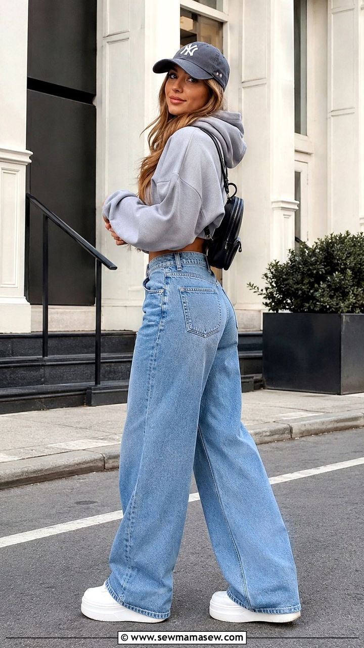 Wide leg jeans with platform sneakers and cropped hoodie - 25 Wide leg jeans outfit ideas with flats