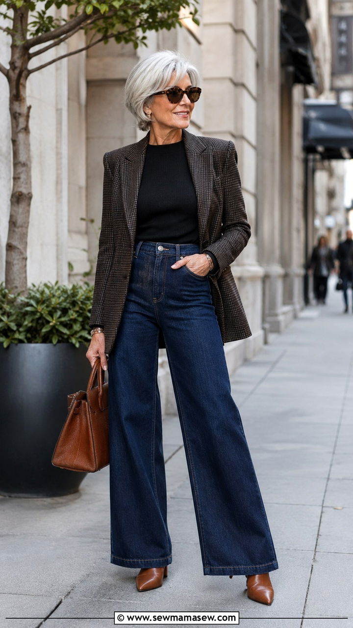 Wide leg jeans with pointed toe heeled boots - 20 Jeans and boots outfit ideas over 50