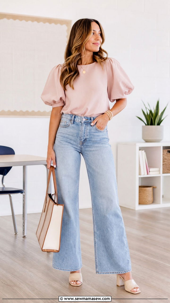 Wide leg jeans with puff sleeve blouse - 30 Summer outfit ideas for teacher