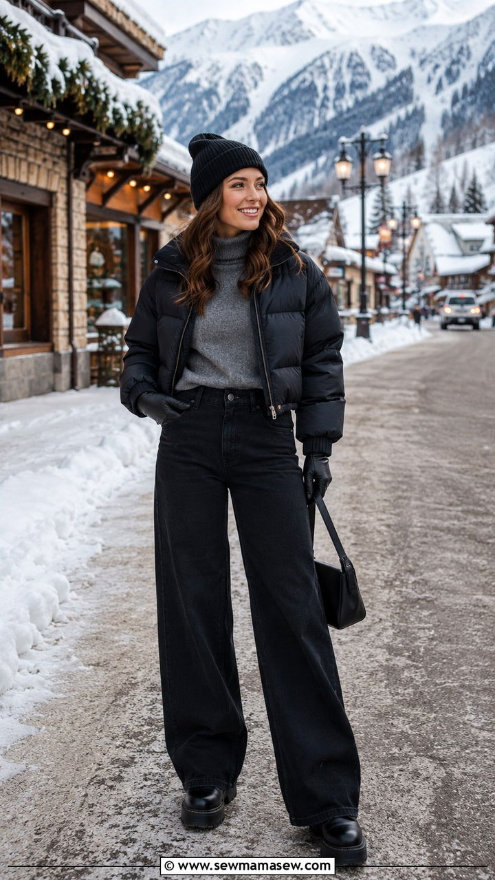 Wide leg jeans with puffer jacket for cold weather - 30 chic wide leg jeans outfit ideas