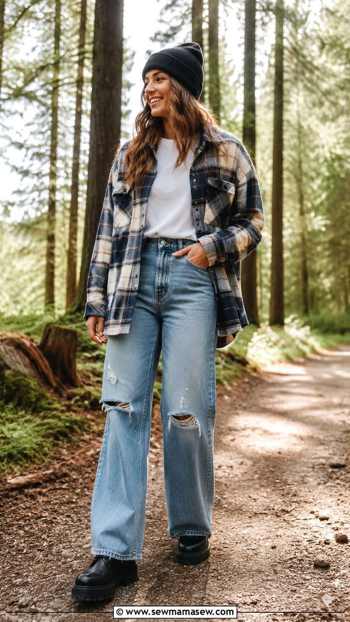 Wide leg jeans with shacket and lug boots - 35 How to style wide leg jeans