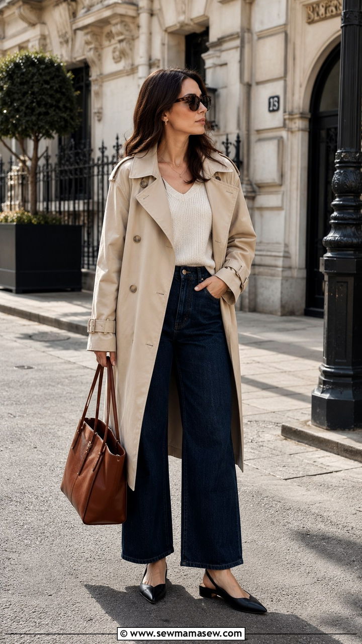 Wide leg jeans with slingback flats and trench coat - 25 Wide leg jeans outfit ideas with flats