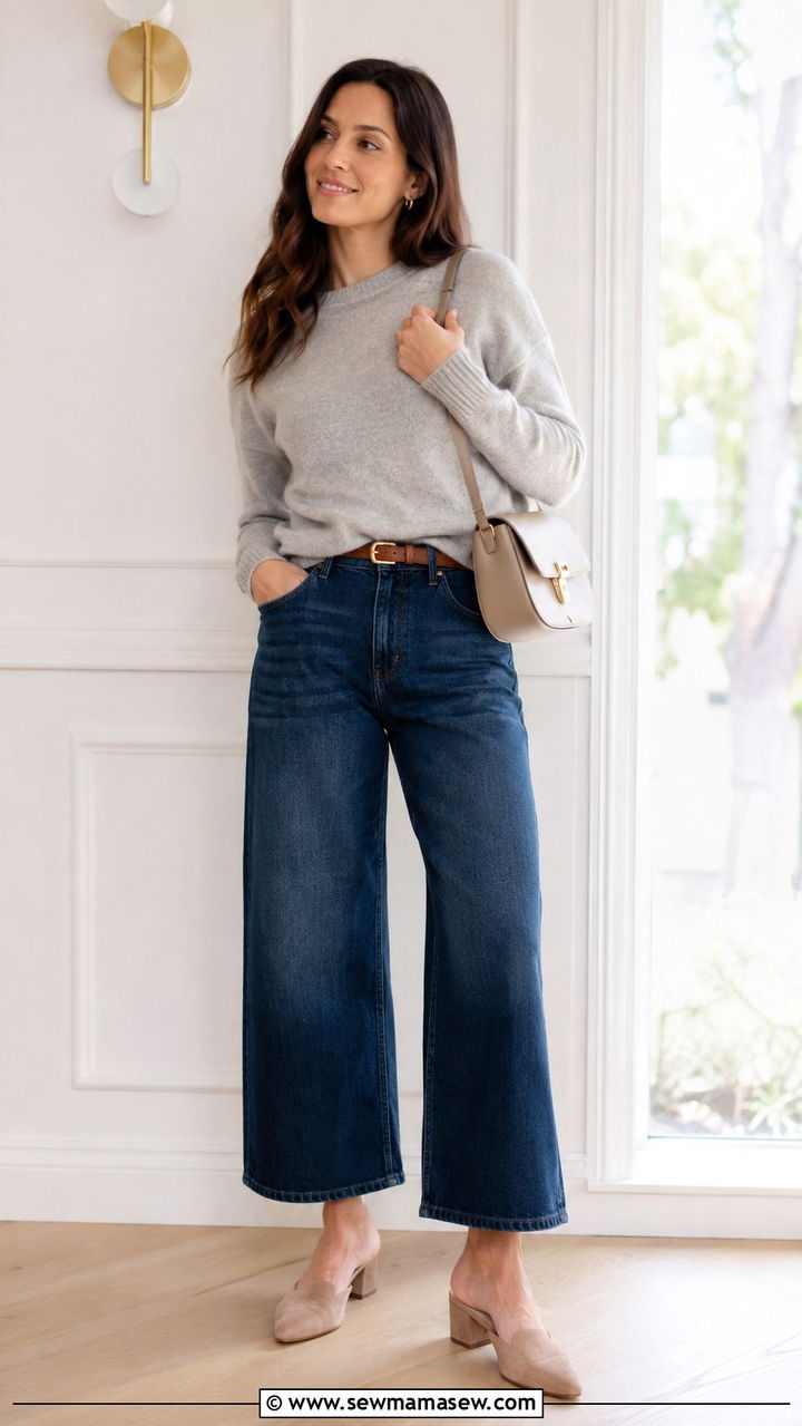 Wide leg jeans with suede mules and cashmere sweater - 25 Wide leg jeans outfit ideas with flats