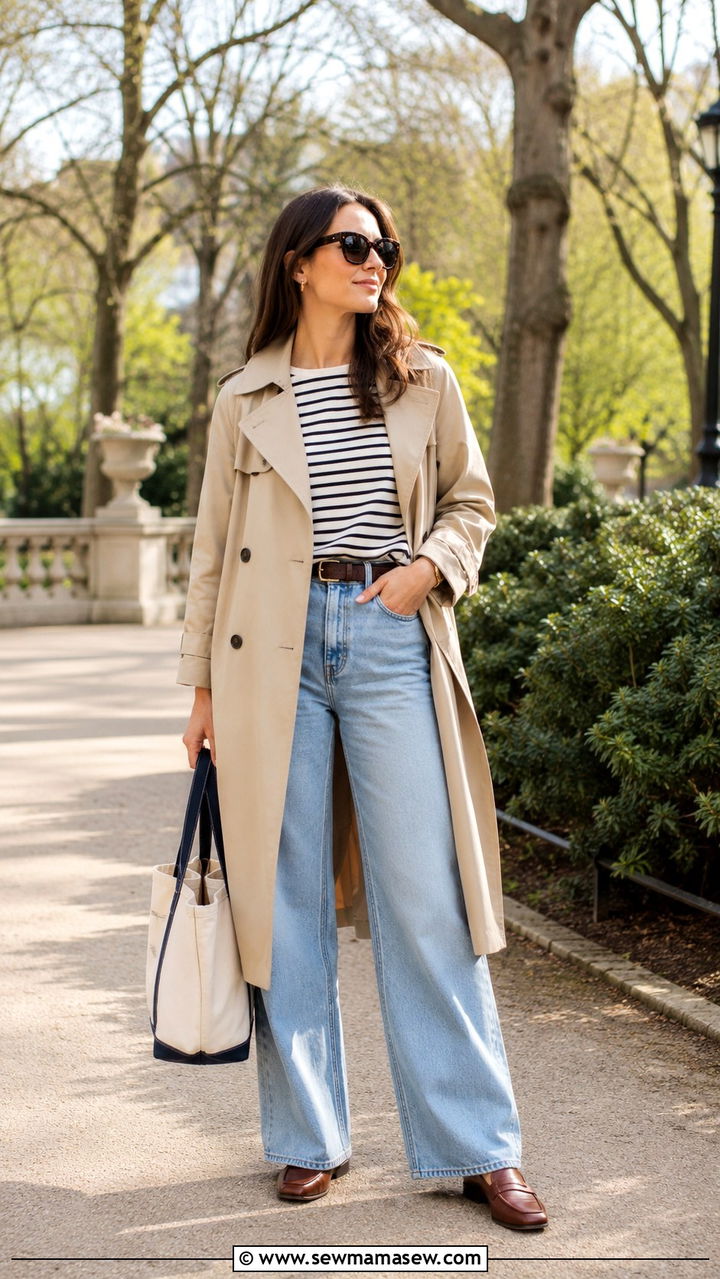 Wide leg jeans with trench coat and loafers - 35 How to style wide leg jeans