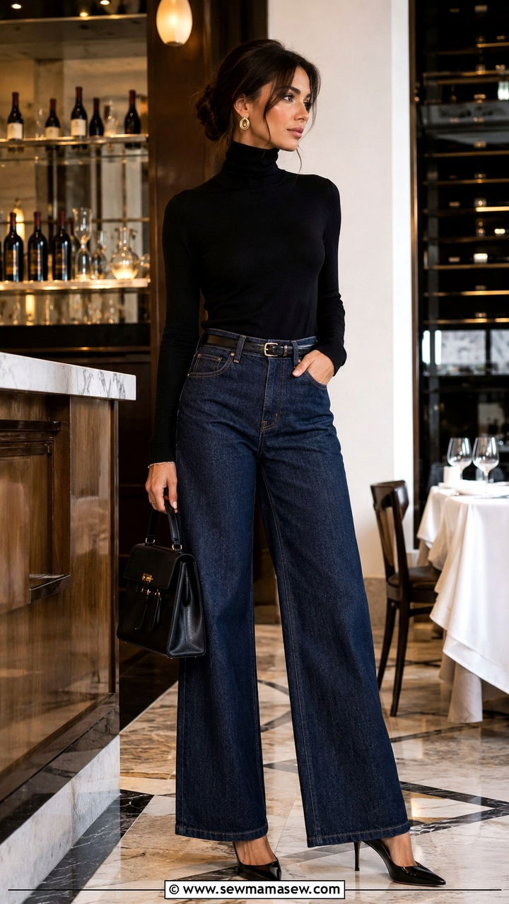 Wide leg jeans with turtleneck and pointed heels - 30 chic wide leg jeans outfit ideas
