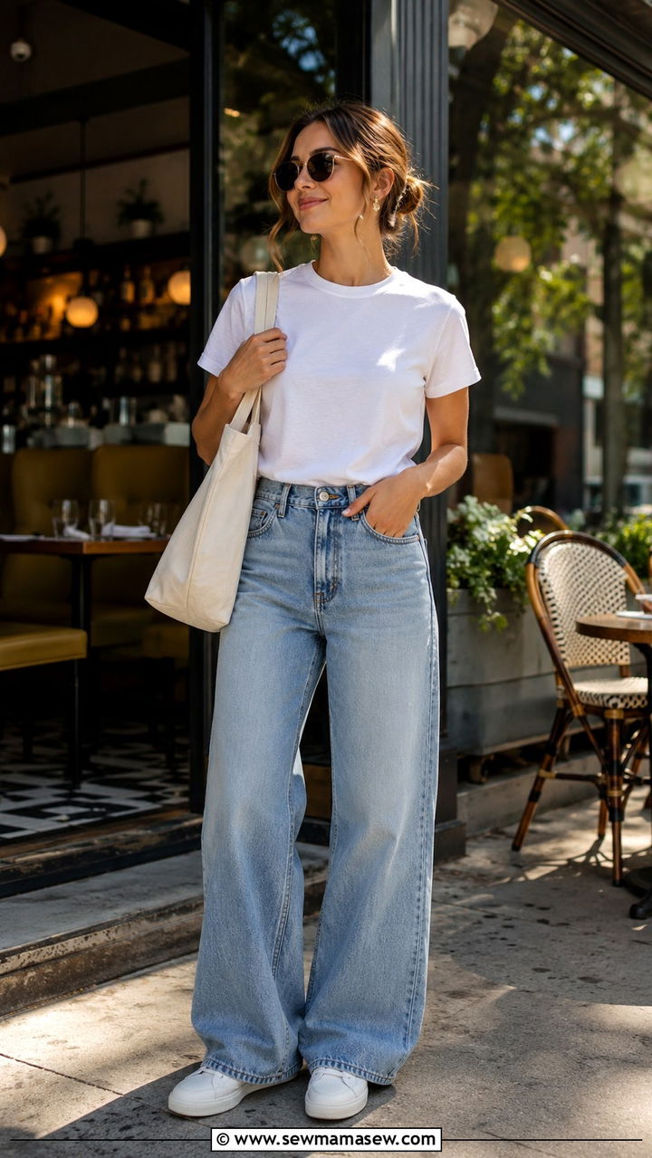 Wide leg jeans with white tee and sneakers - 30 chic wide leg jeans outfit ideas