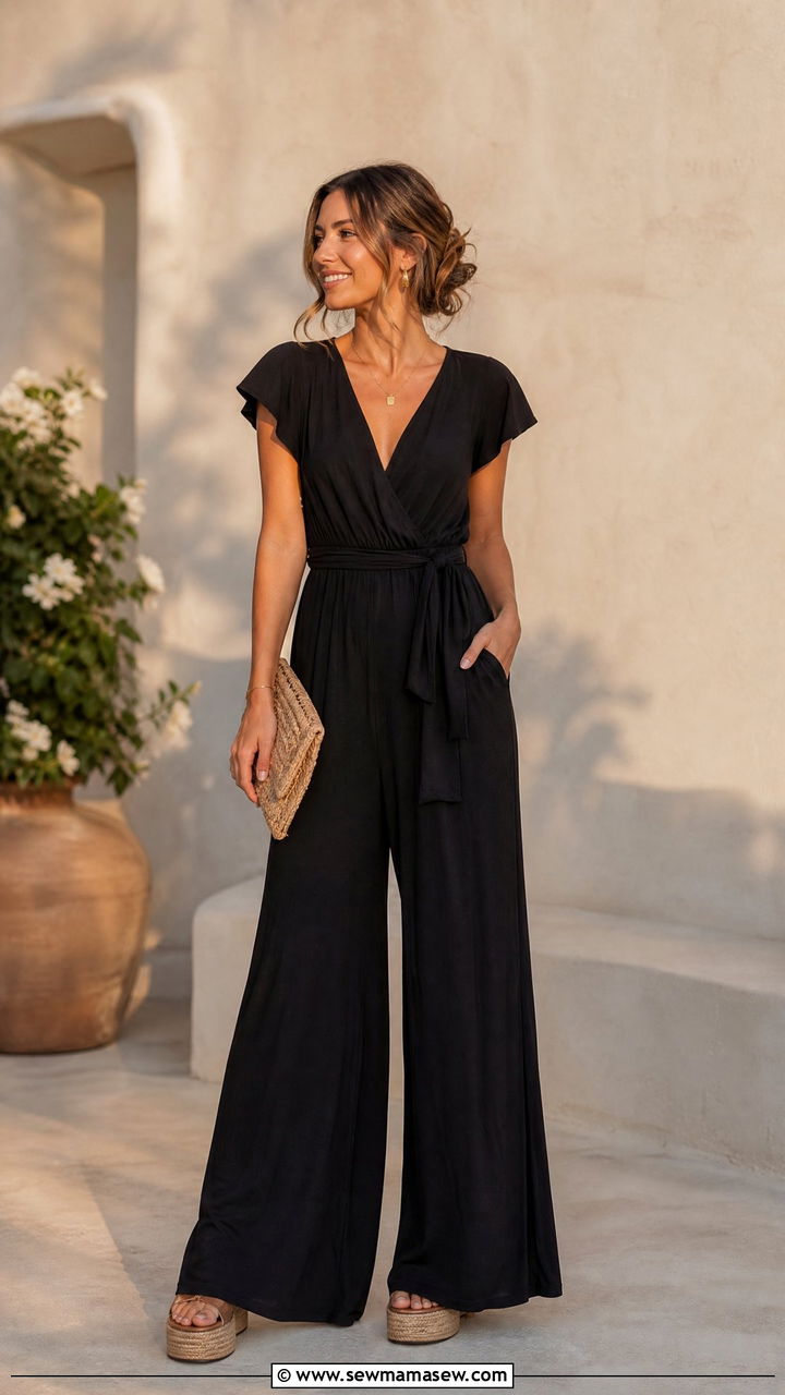 Wide leg jumpsuit and platform sandals - 30 Summer outfit ideas for new mom
