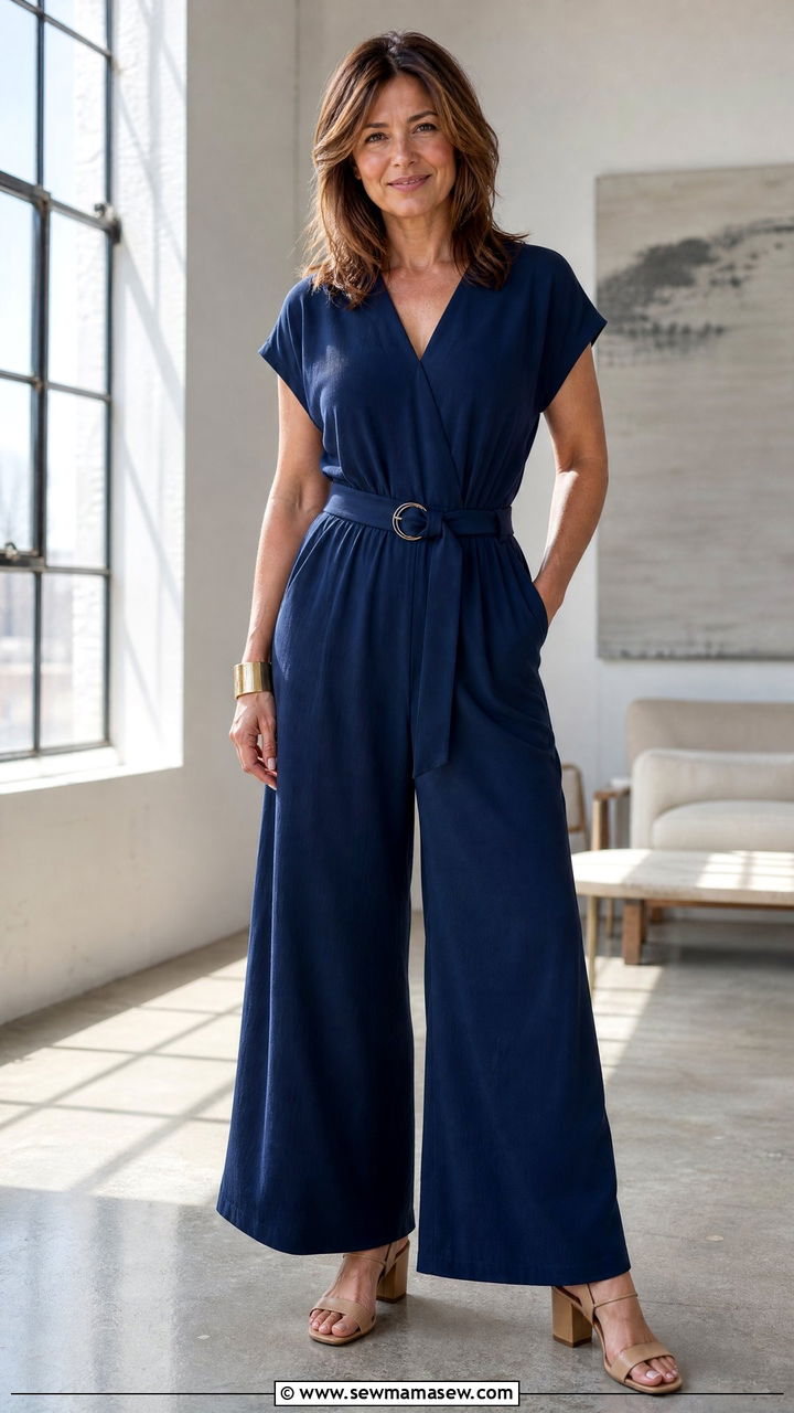 Wide leg jumpsuit with a belt and block heel sandals - 35 Midsize outfits for women over 40
